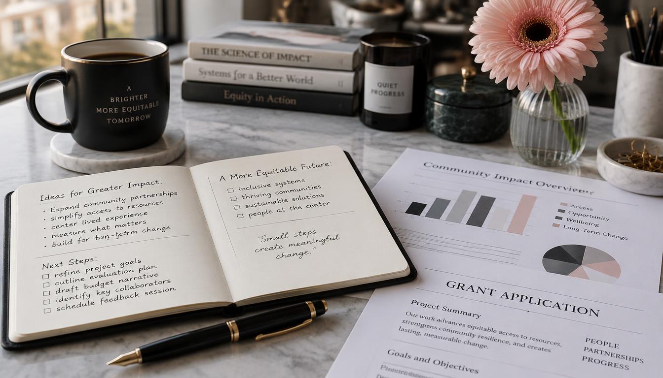 A funding workbook, notebook and pen arranged on a desk
